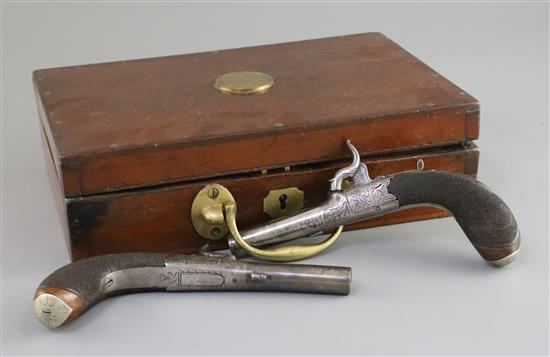 A cased pair of early 19th century steel pocket pistols, pistols 6.5in., case 10.5in.